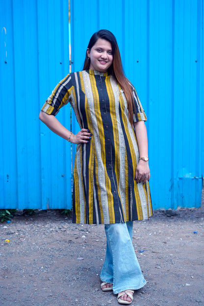 Mustard & Black Striped Bagru Handblock Kurta