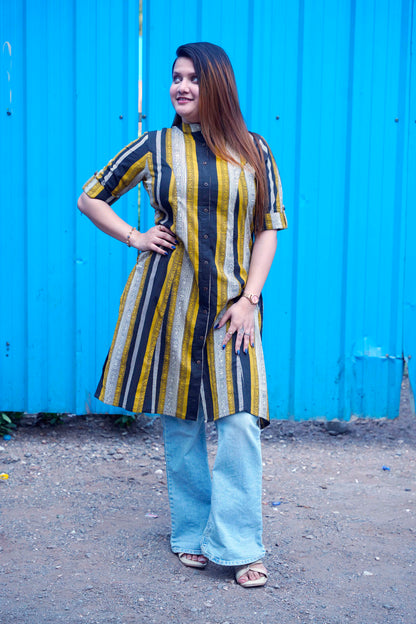 Mustard & Black Striped Bagru Handblock Kurta