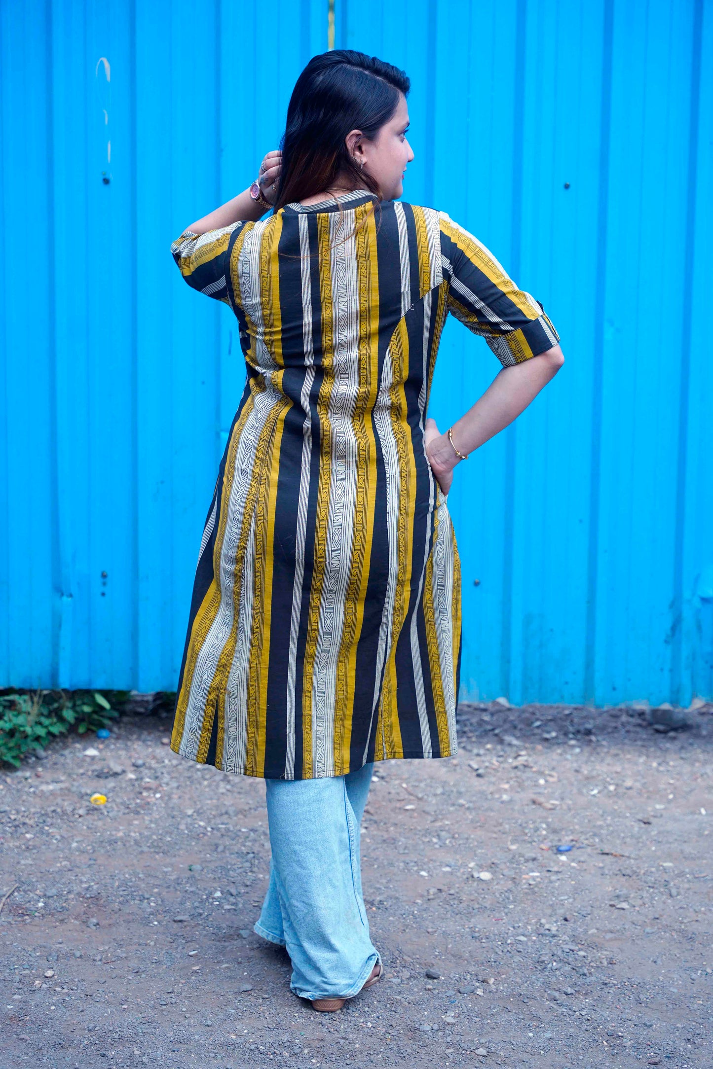 Mustard & Black Striped Bagru Handblock Kurta