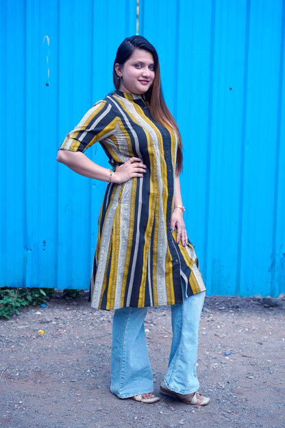 Mustard & Black Striped Bagru Handblock Kurta