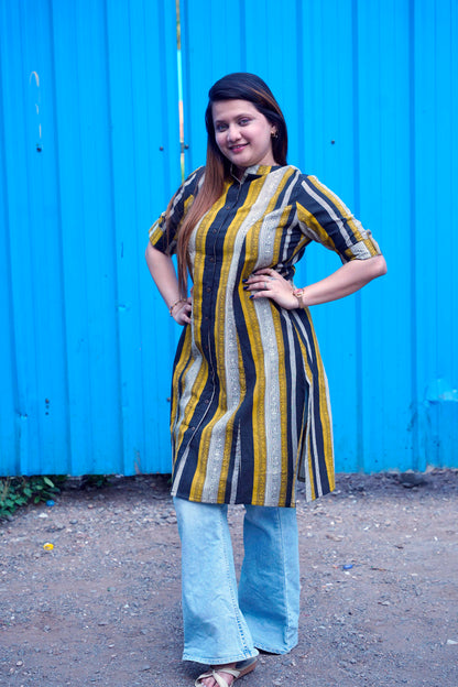 Mustard & Black Striped Bagru Handblock Kurta