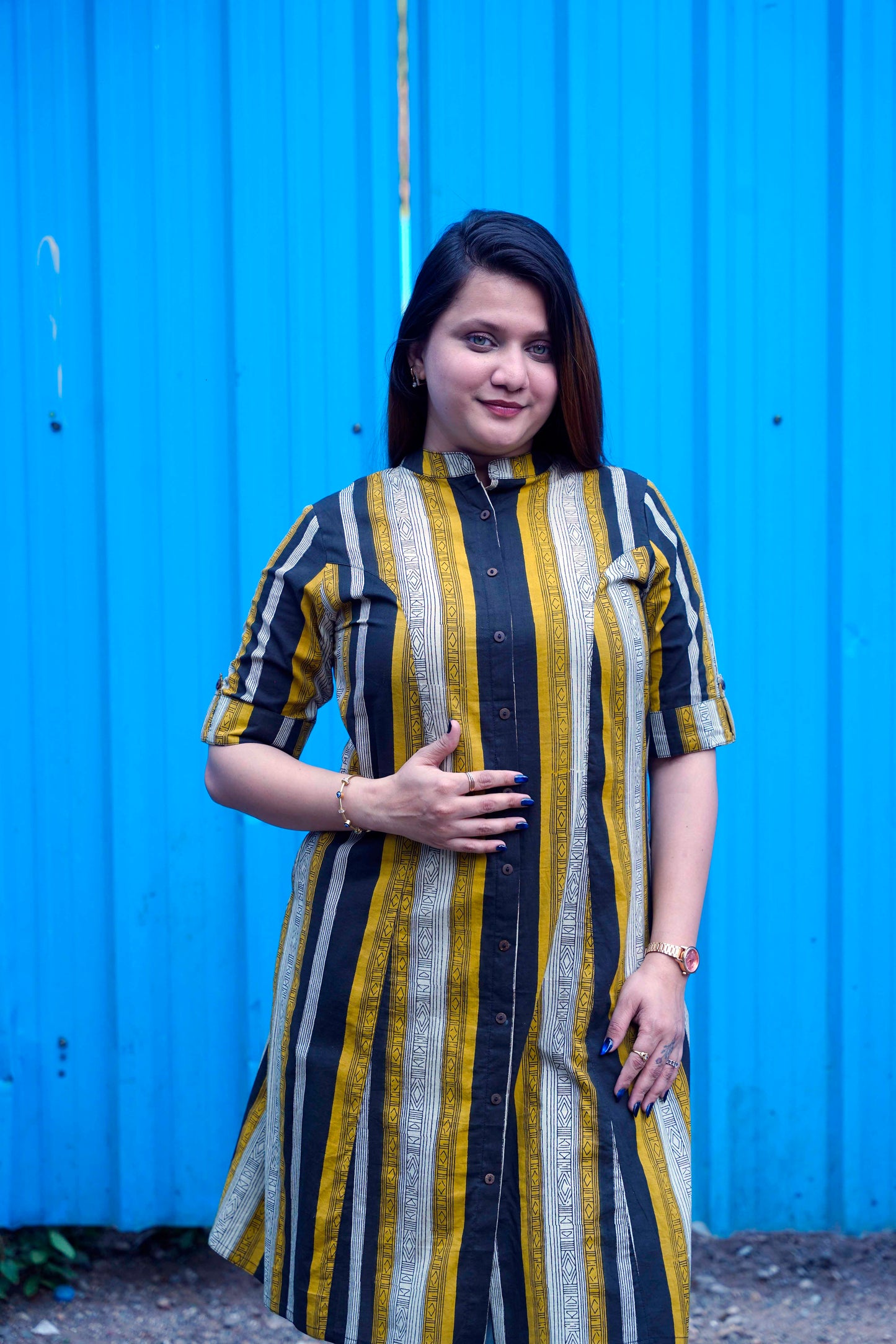Mustard & Black Striped Bagru Handblock Kurta