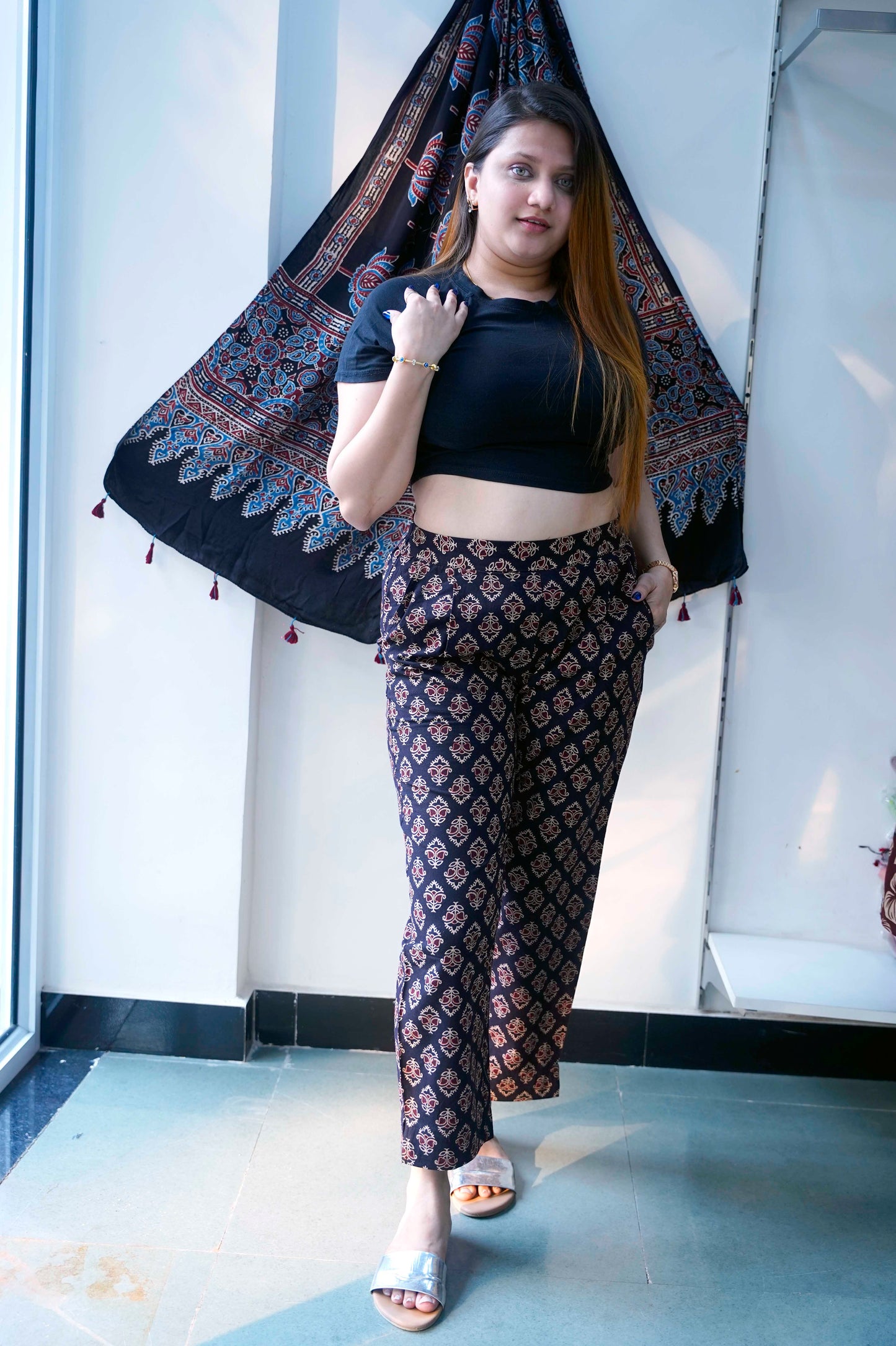 Black All Over Ajrak Print Cigarette Pants