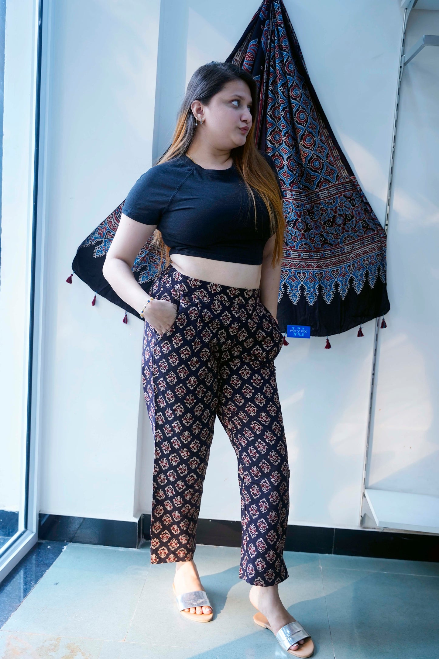 Black All Over Ajrak Print Cigarette Pants