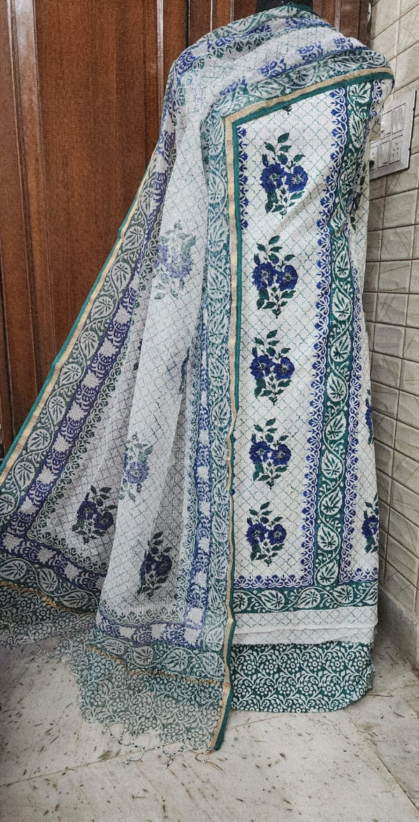 Handblock Print Blue Green Floral Cotton Dress Materials
