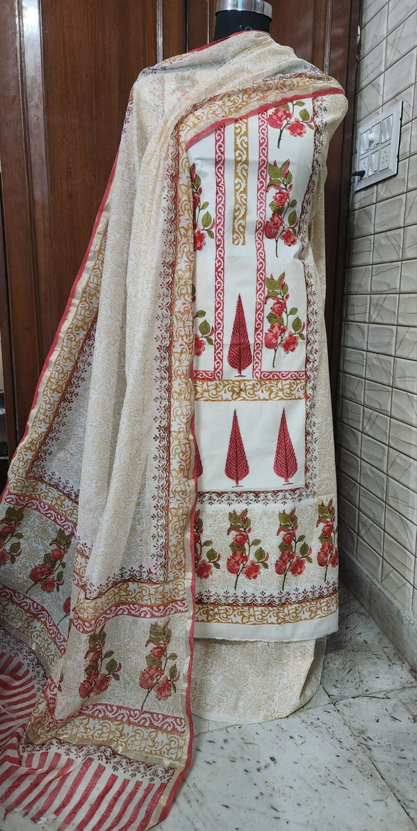 Handblock Print Cream Red Floral Cotton Dress Materials