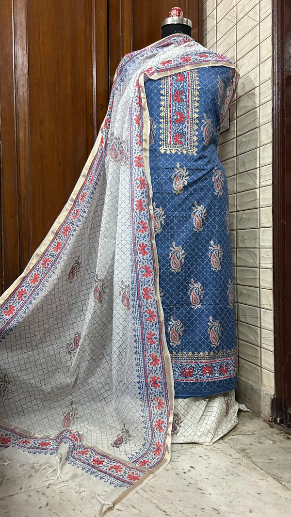 Handblock Print Blue Red Paisley Cotton Dress Materials