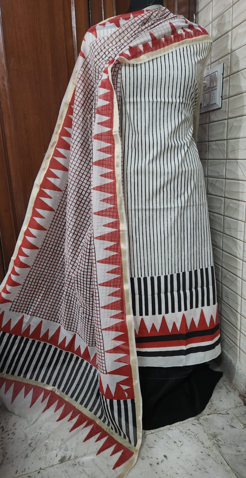 Handblock Print Red Black Geometric Cotton Dress Materials