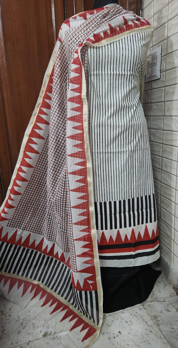 Handblock Print Red Black Geometric Cotton Dress Materials