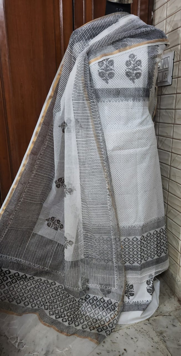 Handblock Print Grey White Printed Cotton Dress Materials