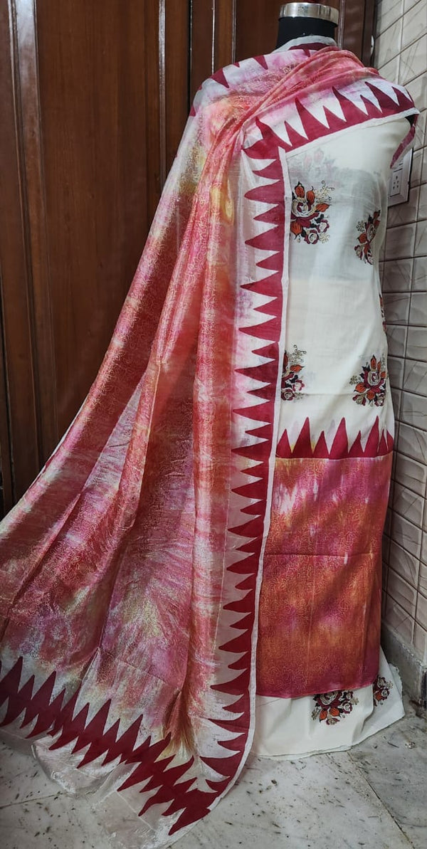 Handblock Print Pink Rust Floral Cotton Dress Materials