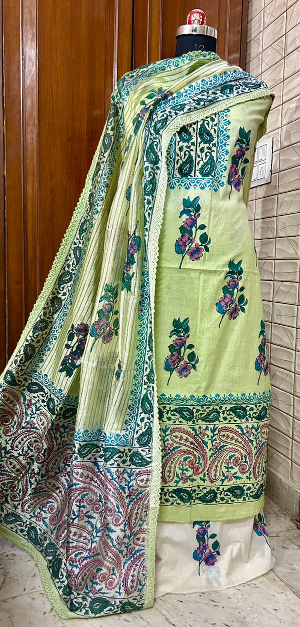Handblock Print Pista Green Floral Cotton Dress Materials