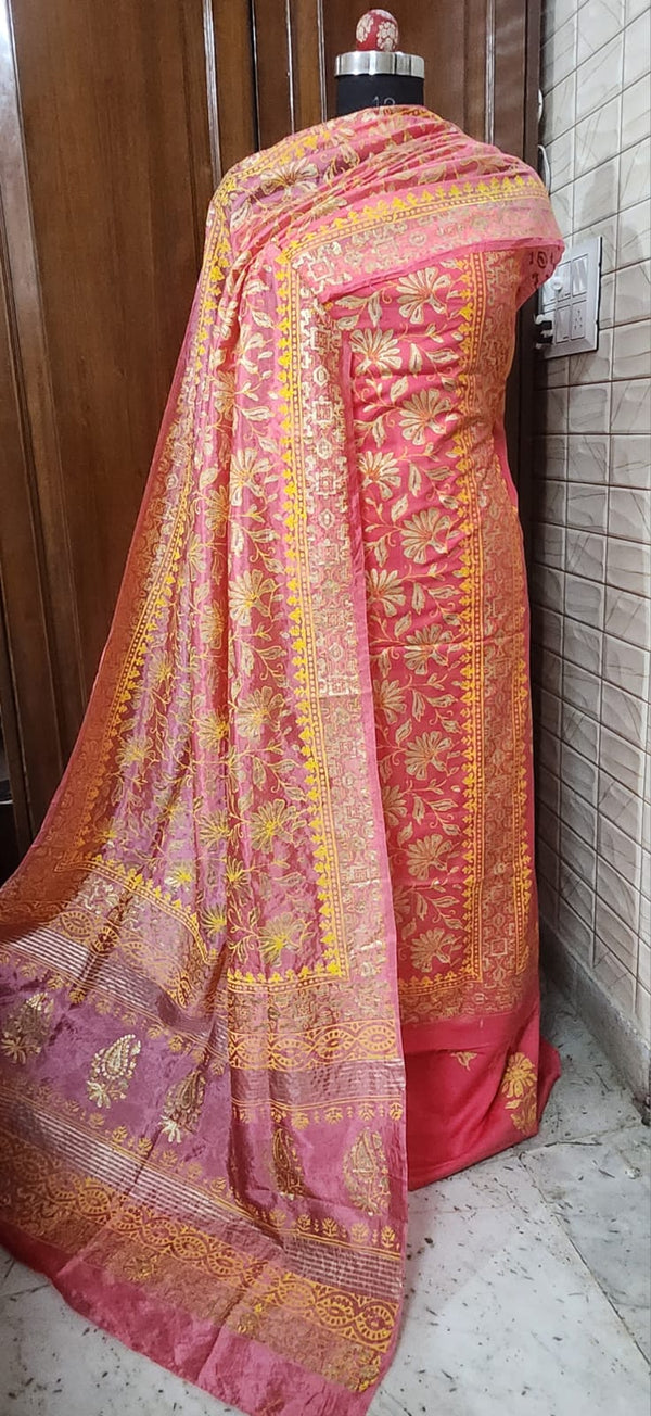 Handblock Print Pink Gold Cotton/Silk Dress Materials