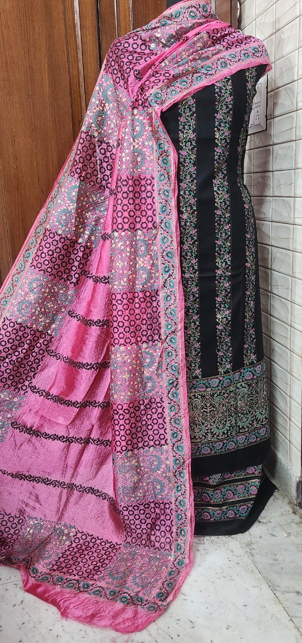 Handblock Print Pink Black Cotton/Silk Dress Materials