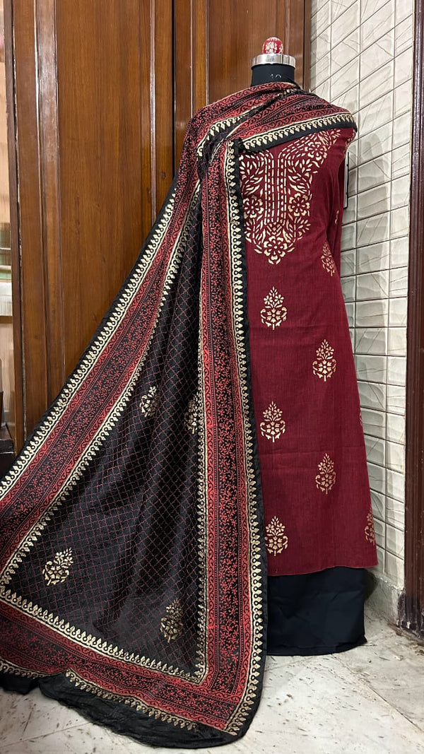 Handblock Print Maroon Black Cotton/Silk Dress Materials