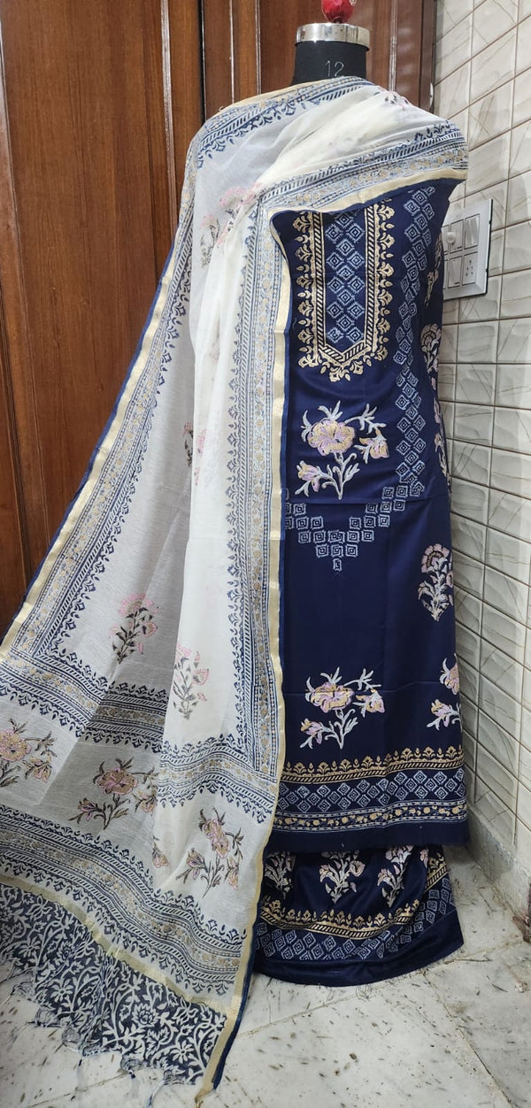 Handblock Print Navy Blue Cotton/Silk Dress Materials