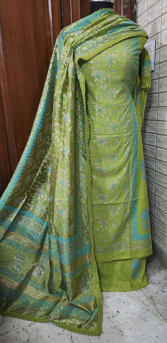 Handblock Print Olive Green Cotton/Silk Dress Materials