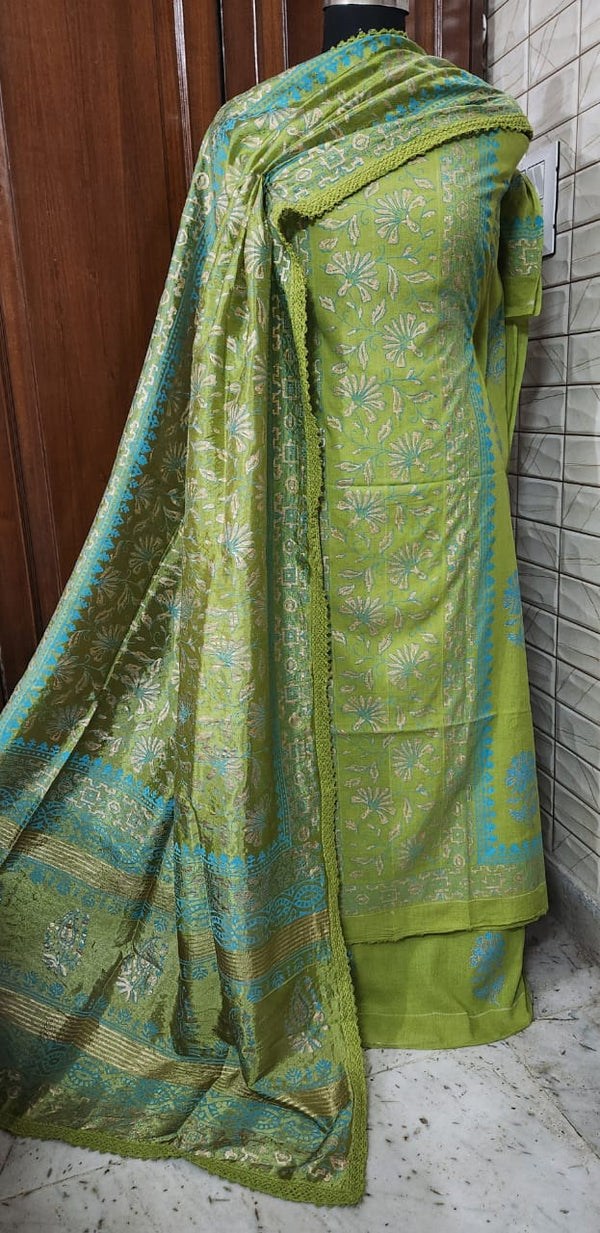 Handblock Print Olive Green Cotton/Silk Dress Materials