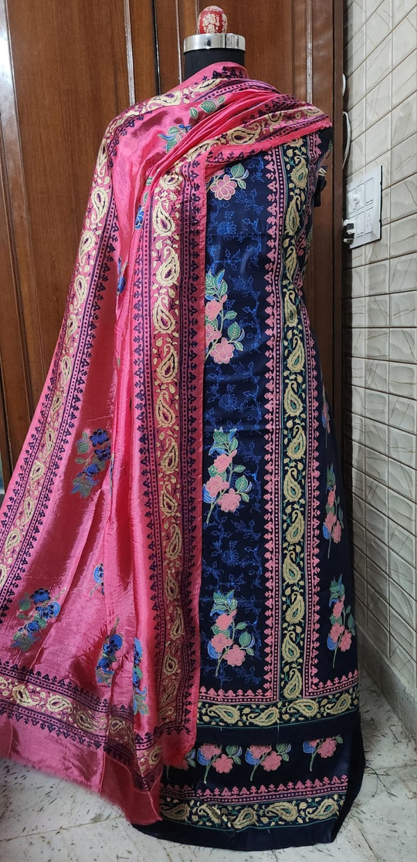 Handblock Print Navy Blue & Pink Cotton/Silk Dress Materials