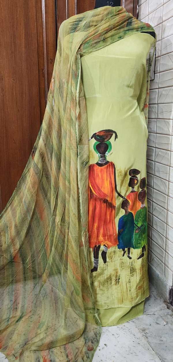 Crepe Silk Hand Painted Dress Materials