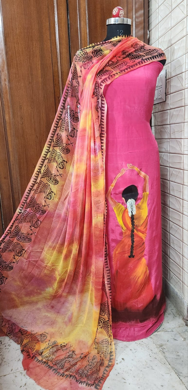 Crepe Silk Hand Painted Dress Materials