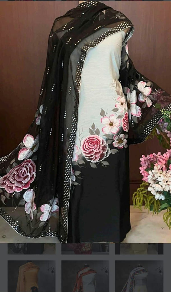Crepe Silk Hand Painted Dress Materials
