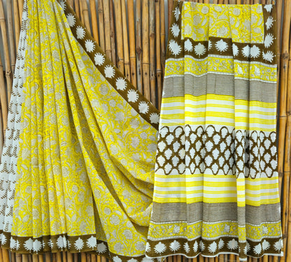 Yellow Brown Handblock Mull Cotton Saree