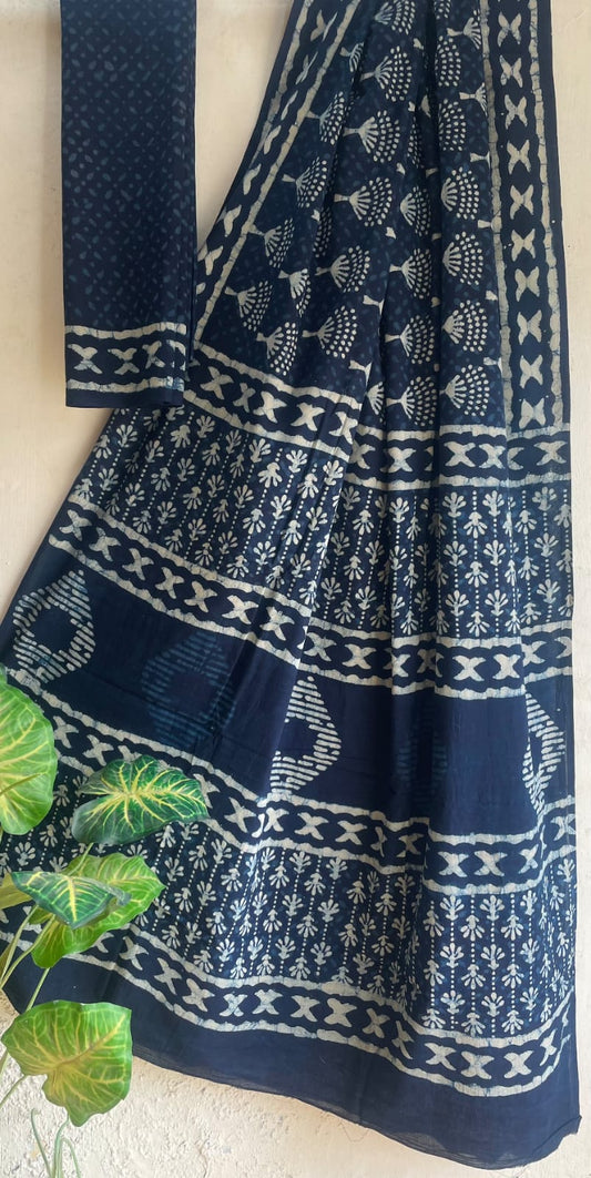 Indigo Handblock Mull Cotton Saree