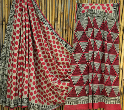 Red Polka Handblock Mull Cotton Saree