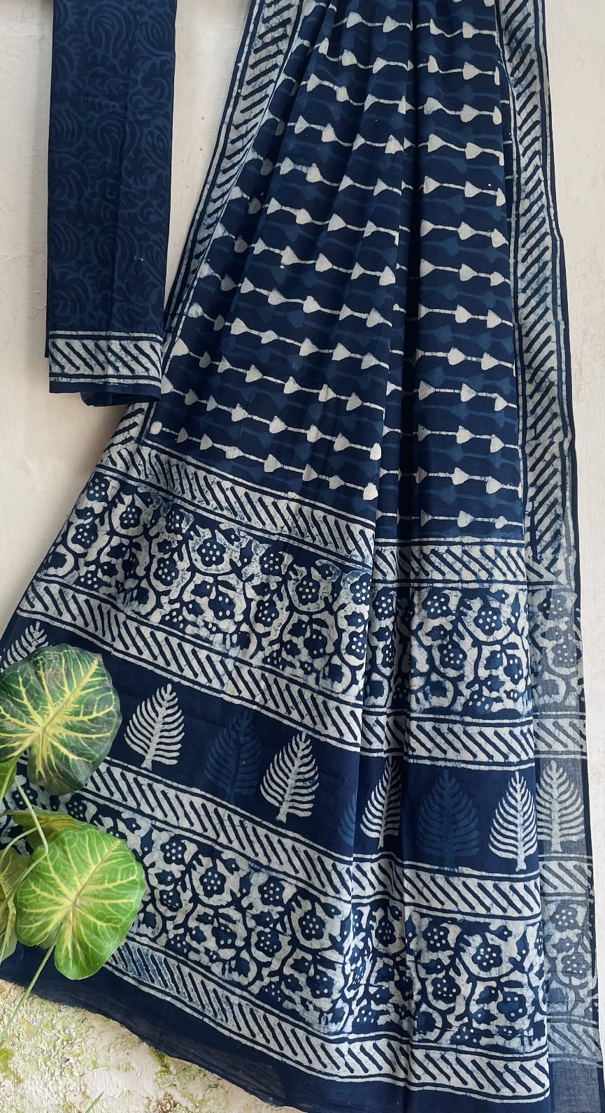 Indigo Leaf Print Mull Cotton Saree