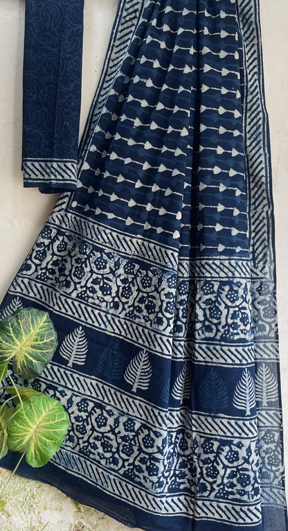 Indigo Leaf Print Mull Cotton Saree