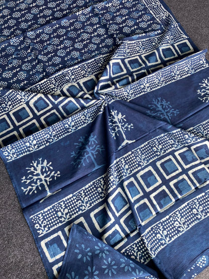 Indigo Flower print Mull Cotton Saree