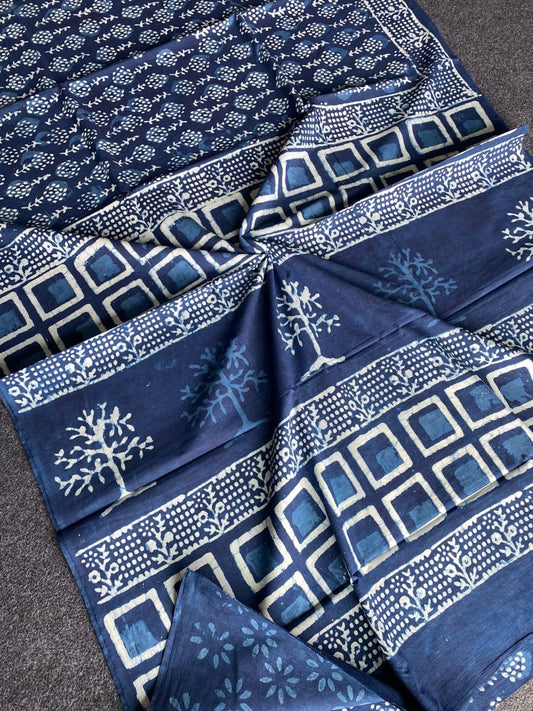 Indigo Geometric Mull Cotton Saree