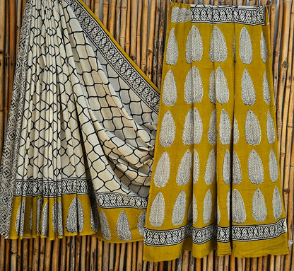 Mustard Handblock Mull Cotton Saree