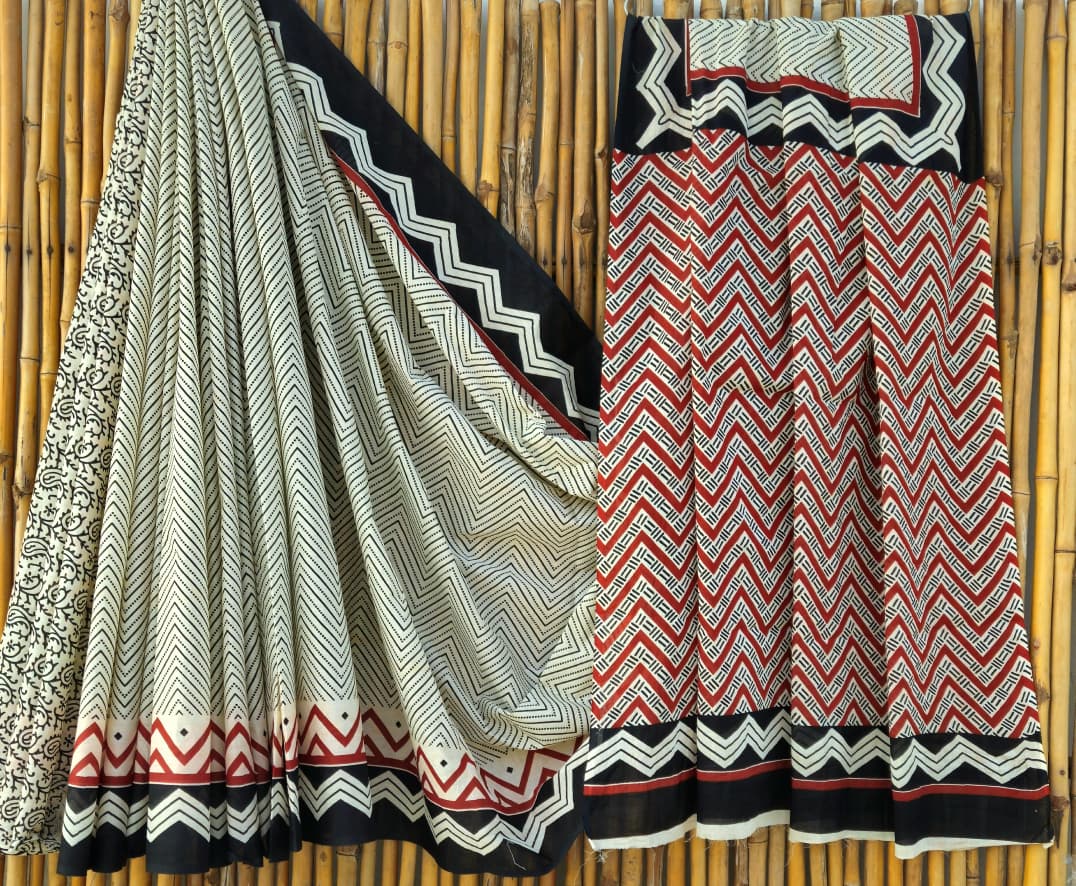 Black Red Handblock Mull Cotton Saree