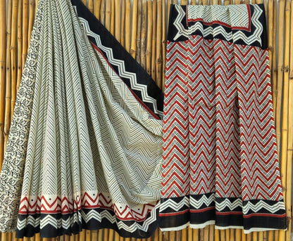 Black Red Handblock Mull Cotton Saree