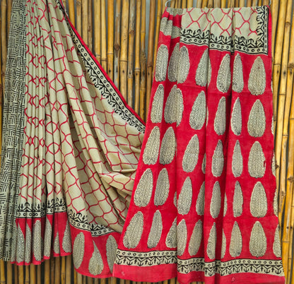 Red Beige Handblock Mull Cotton Saree