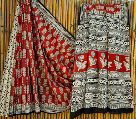Red Black Handblock Mull Cotton Saree