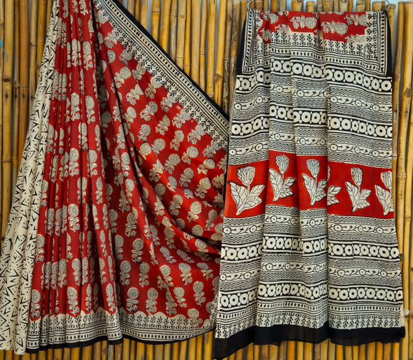 Red Black Handblock Mull Cotton Saree