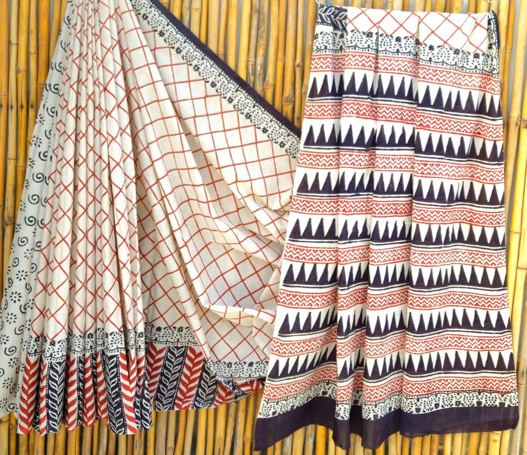 Ivory Black Handblock Mull Cotton Saree