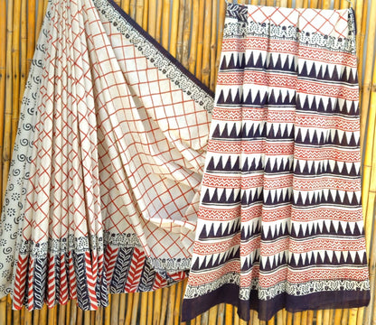 Ivory Black Handblock Mull Cotton Saree