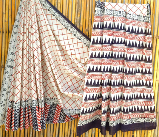 Ivory Black Handblock Mull Cotton Saree