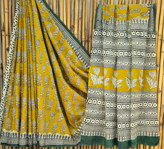 Mustard Green Handblock Mull Cotton Saree