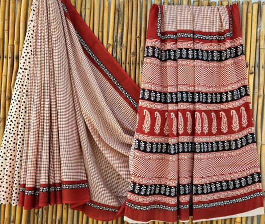 Rust Red Handblock Mull Cotton Saree