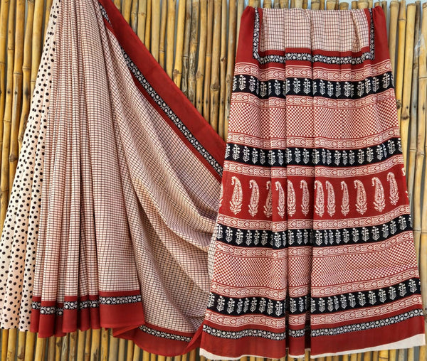 Rust Red Handblock Mull Cotton Saree