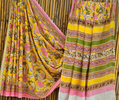 Floral Yellow Mull Cotton Saree