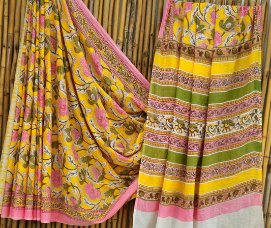 Floral Yellow Mull Cotton Saree