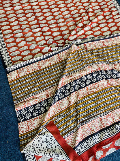 Rust Paisley Mull Cotton Saree
