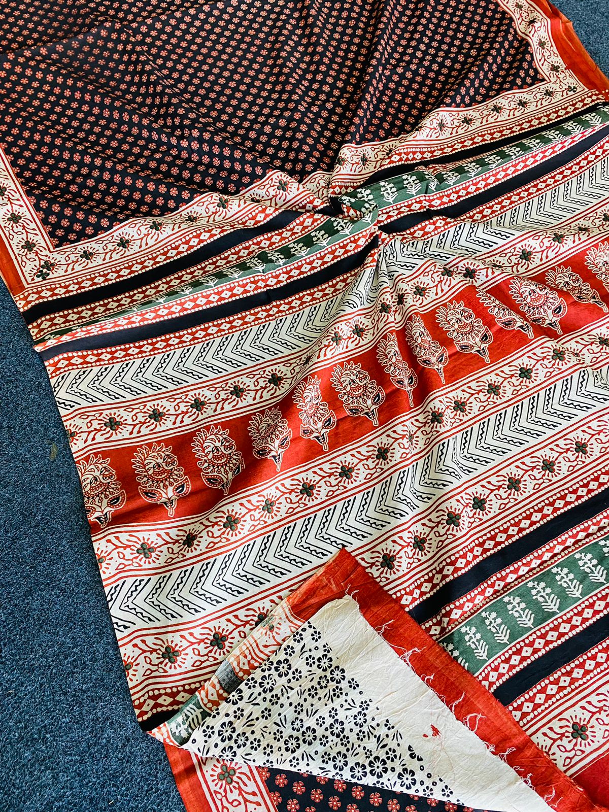 Black Rust Handblock Mull Cotton Saree