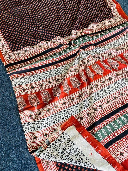 Black Rust Handblock Mull Cotton Saree